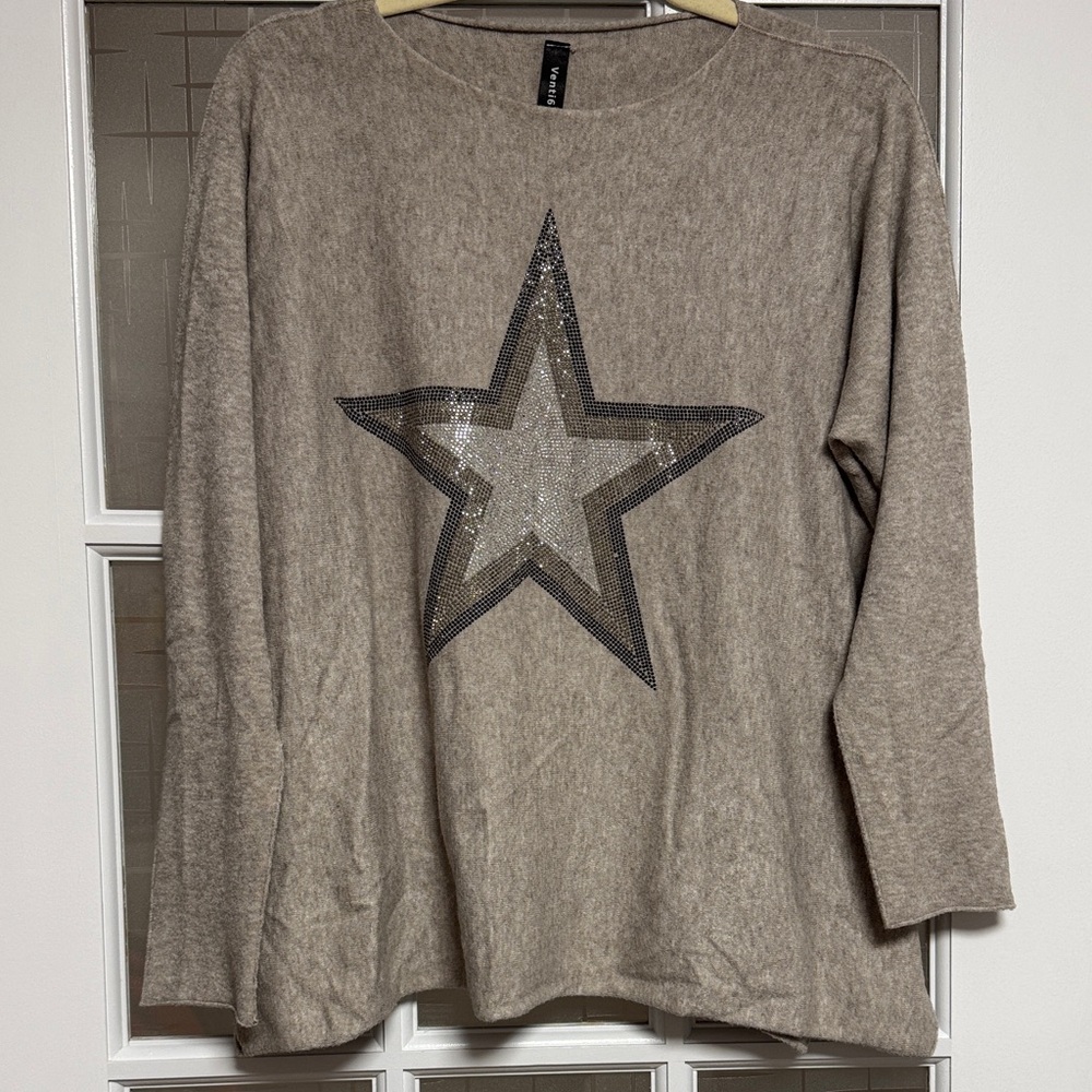 Star Embellished Beige Sweater